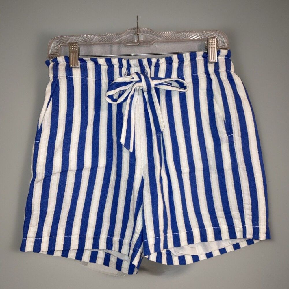 J Crew Womens XS Blue White Striped High Waisted Pull-On Cotton Shorts Pockets